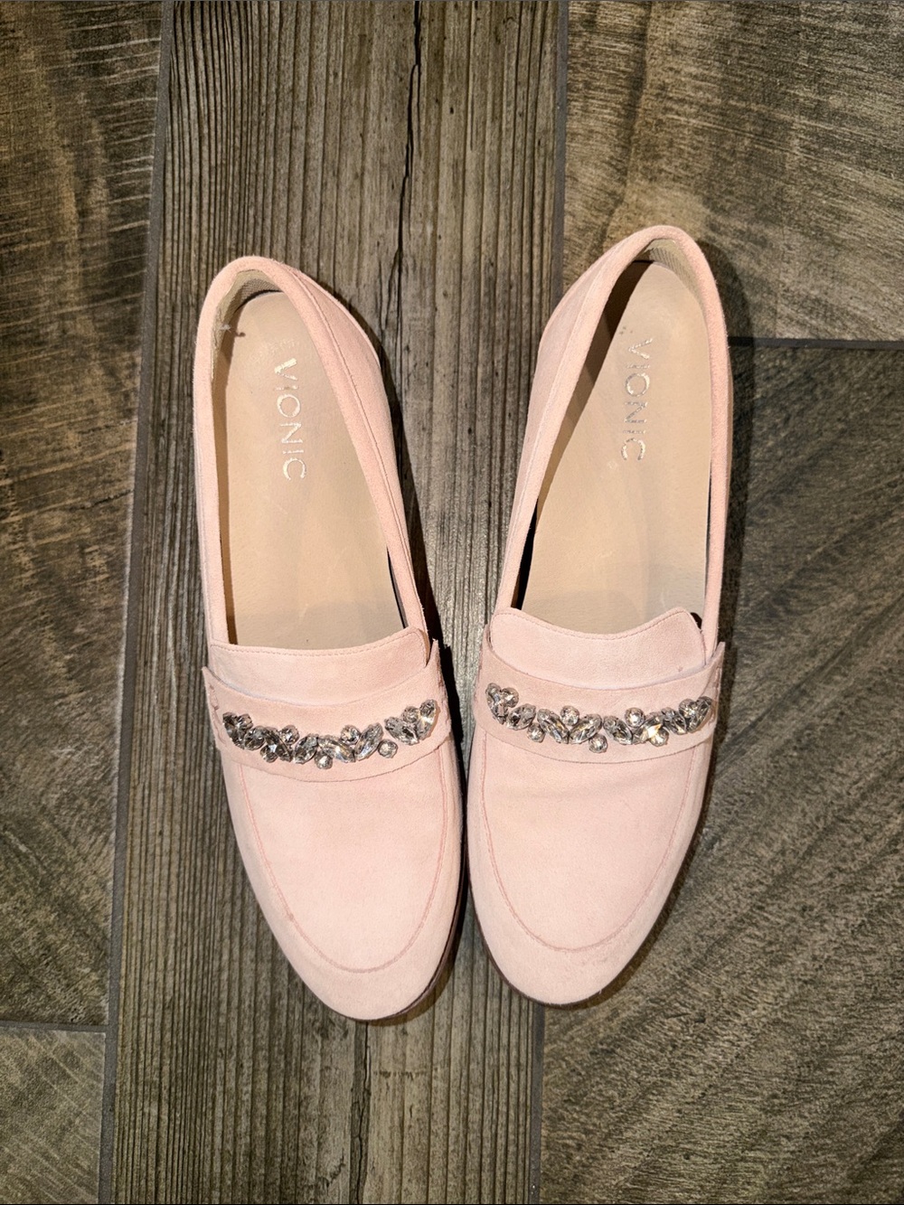 Vionic Blush Pink Jeweled Suede Loafers